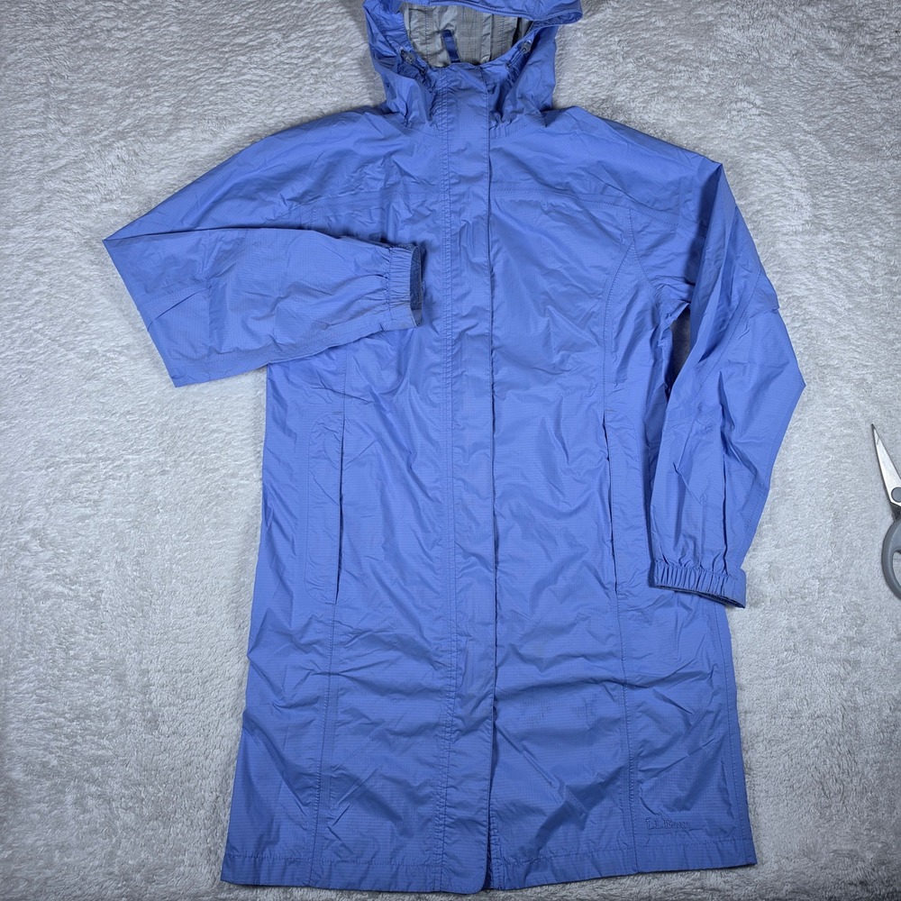 VTG L.L. Bean Trail Model Women S Blue Nylon L/S Hooded Ripstop Raincoat 0GFY3